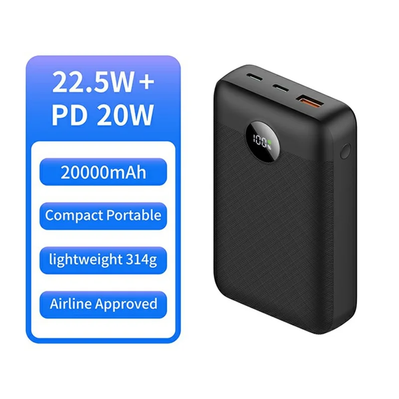 C2040 20000mAh Power Bank 22.5W Fast Charging Portable Charger with LED Digital Display - Black