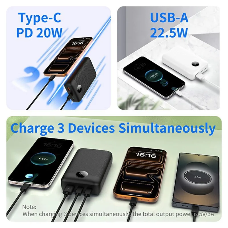 C2040 20000mAh Power Bank 22.5W Fast Charging Portable Charger with LED Digital Display - Black