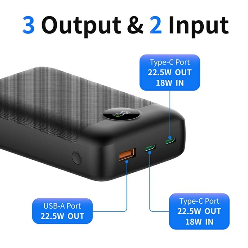 C2040 20000mAh Power Bank 22.5W Fast Charging Portable Charger with LED Digital Display - Black