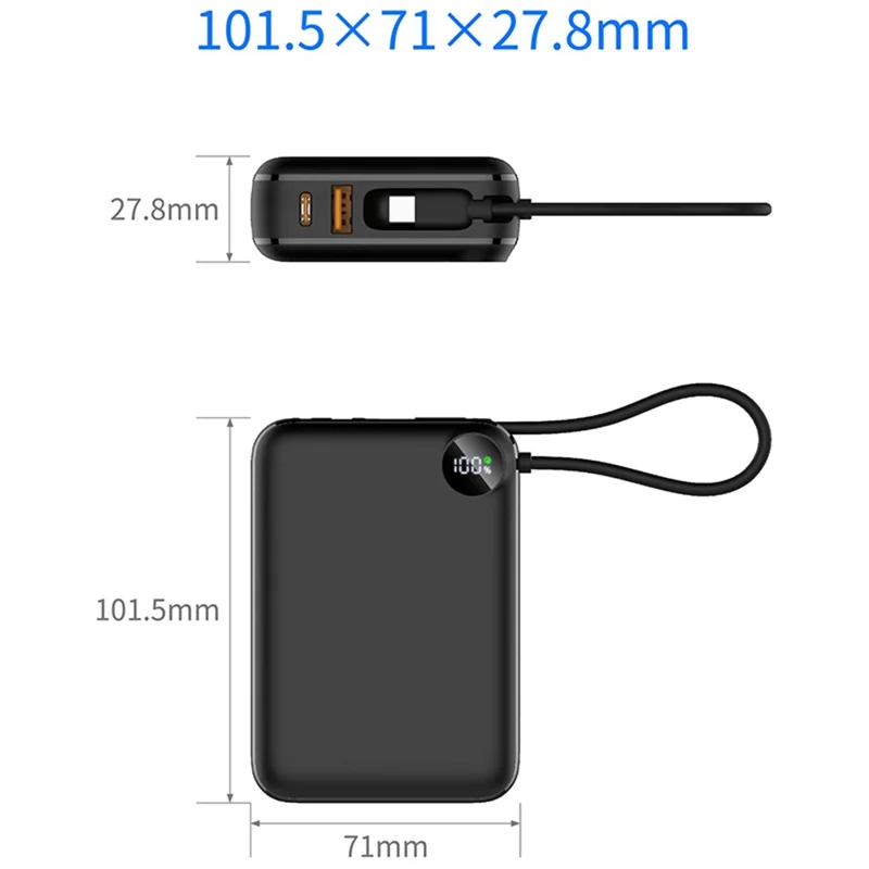 C2050 Power Bank 20000mAh 22.5W Fast Charging Built-in Type-C Cable LED Display Portable Charger - Black