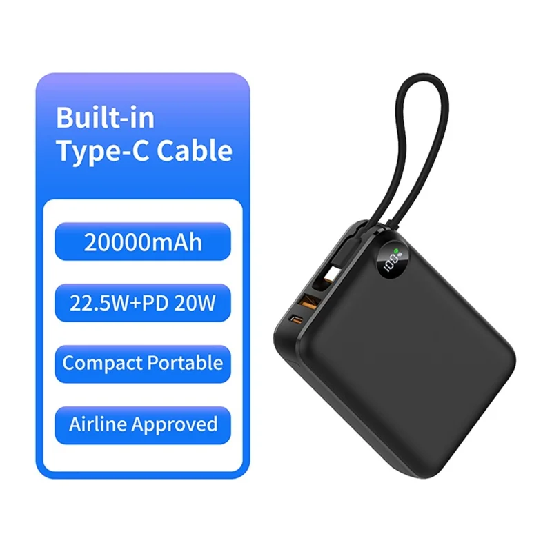 C2050 Power Bank 20000mAh 22.5W Fast Charging Built-in Type-C Cable LED Display Portable Charger - Black