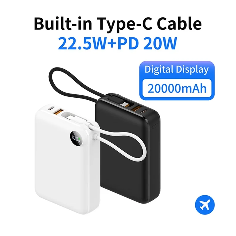 C2050 Power Bank 20000mAh 22.5W Fast Charging Built-in Type-C Cable LED Display Portable Charger - Black