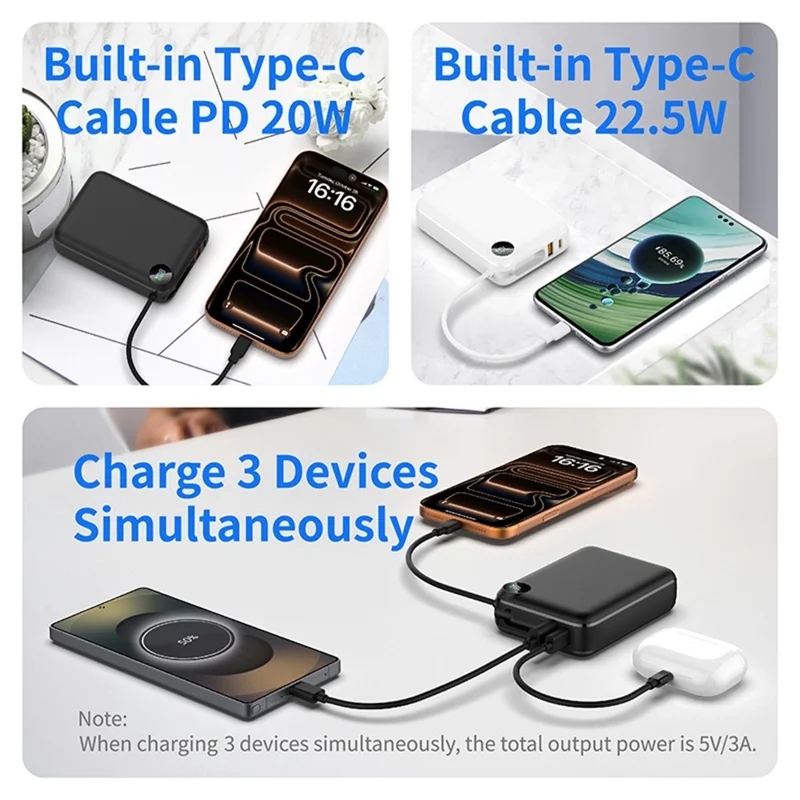 C2050 Power Bank 20000mAh 22.5W Fast Charging Built-in Type-C Cable LED Display Portable Charger - Black