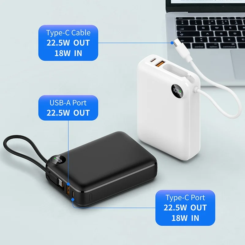 C2050 Power Bank 20000mAh 22.5W Fast Charging Built-in Type-C Cable LED Display Portable Charger - Black