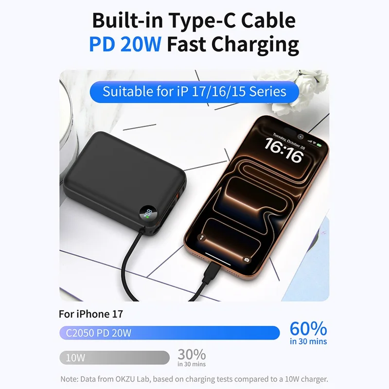 C2050 Power Bank 20000mAh 22.5W Fast Charging Built-in Type-C Cable LED Display Portable Charger - Black
