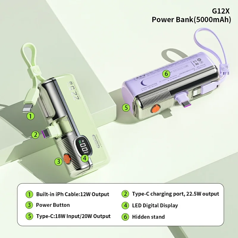 WEKOME G12X Power Bank 5000mAh 22.5W Fast Charging Portable Charger Built-in Cable for iPhone Android - Green