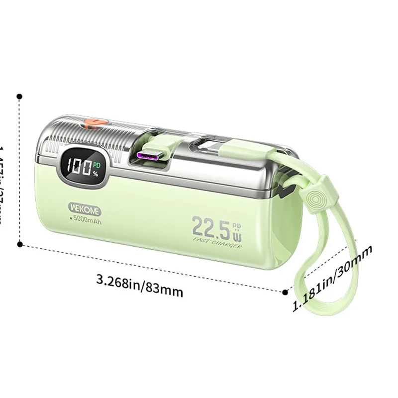 WEKOME G12X Power Bank 5000mAh 22.5W Fast Charging Portable Charger Built-in Cable for iPhone Android - Green