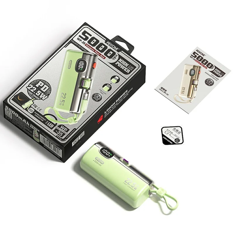 WEKOME G12X Power Bank 5000mAh 22.5W Fast Charging Portable Charger Built-in Cable for iPhone Android - Green