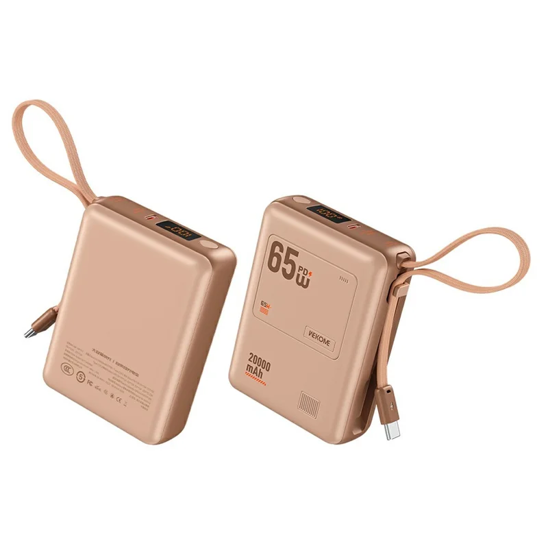 WEKOME WP-117 20000mAh Power Bank PD 65W Schnellladegerät mit integriertem Type-C-Kabel - Rosa