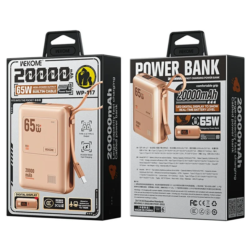 WEKOME WP-117 20000mAh Power Bank PD 65W Schnellladegerät mit integriertem Type-C-Kabel - Rosa