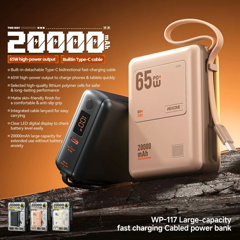 WEKOME WP-117 20000mAh Power Bank PD 65W Fast Charging Battery Pack with Built-in Type-C Cable - Black