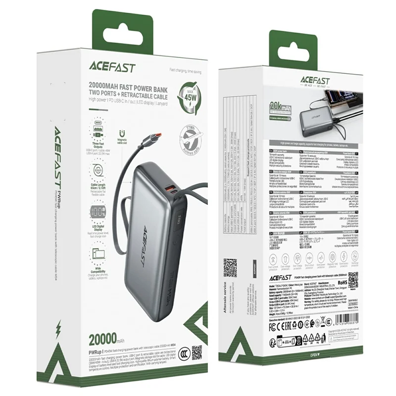 ACEFAST M34-20000 Power Bank 20000mAh PD 45W Fast Charging Battery Pack Portable Charger with Retractable Cable - Metal Grey