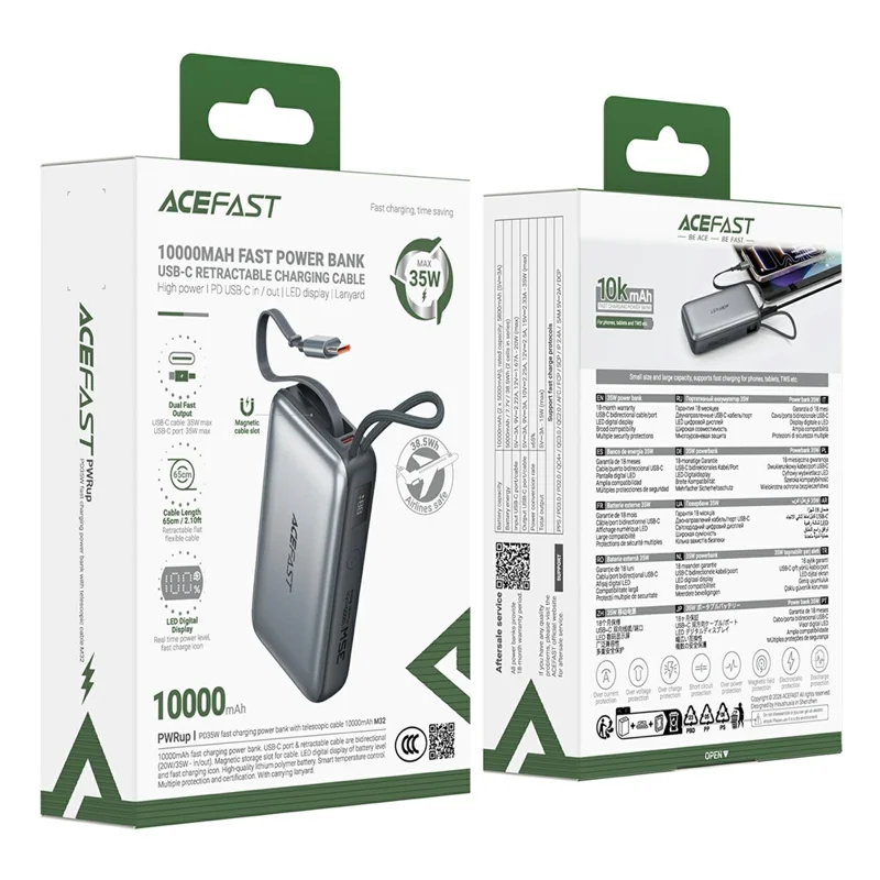 ACEFAST M32-10000 Power Bank 10000mAh PD 35W Fast Charging Portable Charger with Built-in Retractable USB-C Cable - Metal Grey