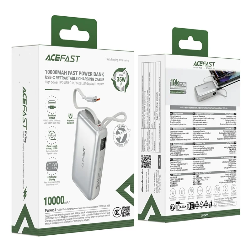 ACEFAST M32-10000 Power Bank 10000mAh PD 35W Fast Charging Portable Charger with Built-in Retractable USB-C Cable - Silver
