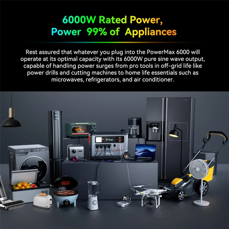 OSCAL PowerMax 6000 Portable Power Station 3600Wh LiFePO4 Battery 14 Outlets 6000W Pure Sine Wave Inverter for Home Backup, EU Plug