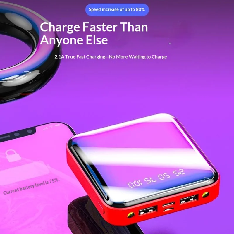 10000mAh Power Bank LCD Digital Display Dual USB Output Portable Charger with LED Flashlight - Red