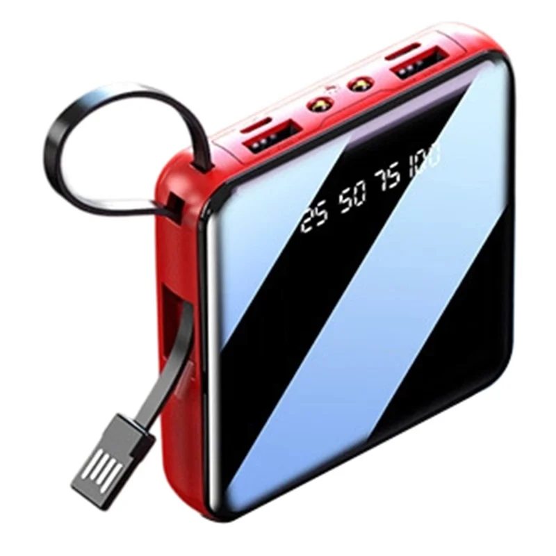 10000mAh Mini Power Bank with 4 in 1 Cables LED Flashlight Digital Display Portable Charger - Red