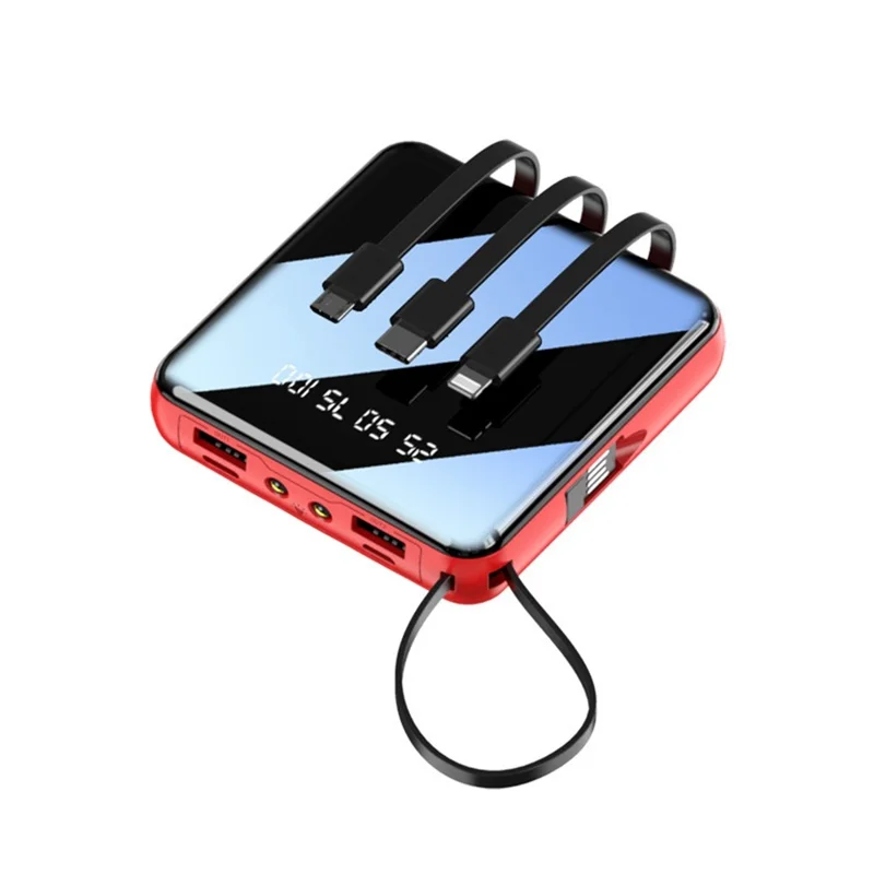10000mAh Mini Power Bank with 4 in 1 Cables LED Flashlight Digital Display Portable Charger - Red