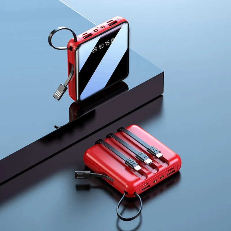 10000mAh Mini Power Bank with 4 in 1 Cables LED Flashlight Digital Display Portable Charger - Red