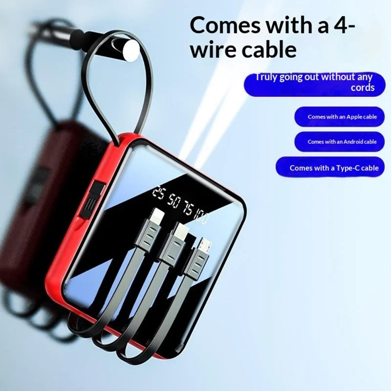 10000mAh Mini Power Bank with 4 in 1 Cables LED Flashlight Digital Display Portable Charger - Red