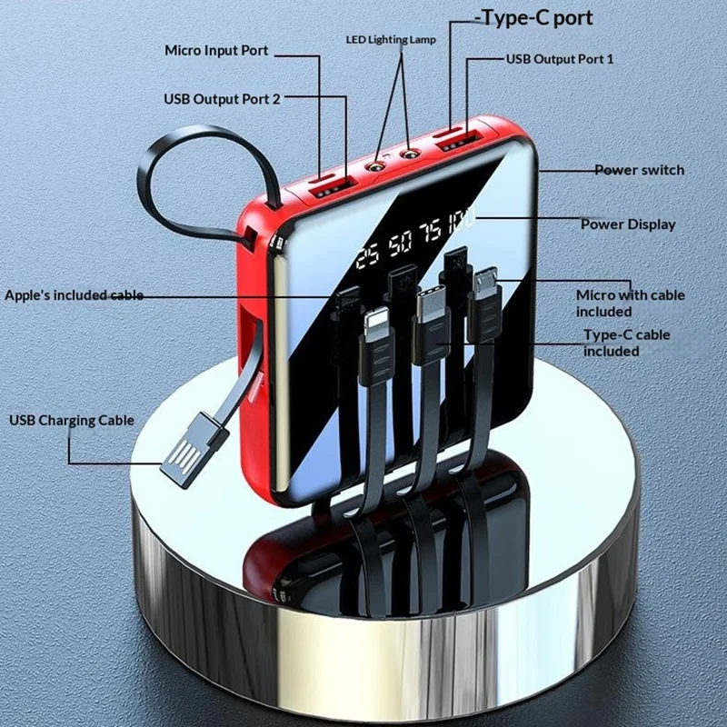 10000mAh Mini Power Bank with 4 in 1 Cables LED Flashlight Digital Display Portable Charger - Red