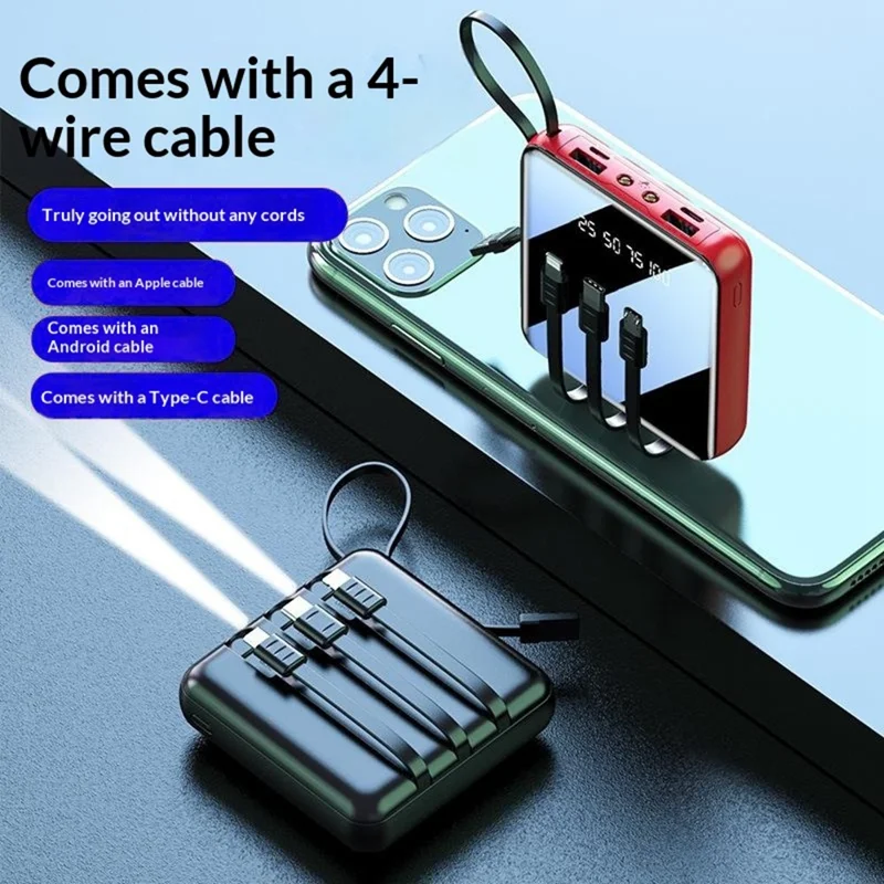 10000mAh Mini Power Bank with 4 in 1 Cables LED Flashlight Digital Display Portable Charger - Red