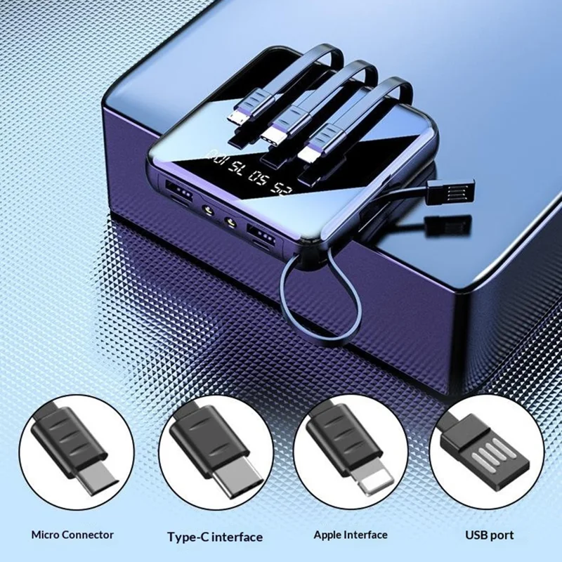 10000mAh Mini Power Bank with 4 in 1 Cables LED Flashlight Digital Display Portable Charger - Black