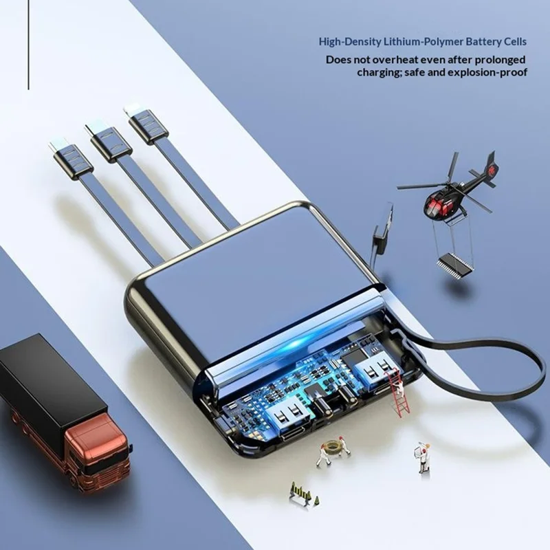 10000mAh Mini Power Bank with 4 in 1 Cables LED Flashlight Digital Display Portable Charger - Black
