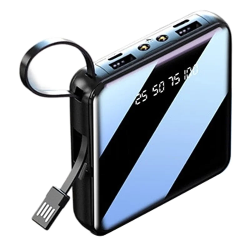 10000mAh Mini Power Bank with 4 in 1 Cables LED Flashlight Digital Display Portable Charger - Black