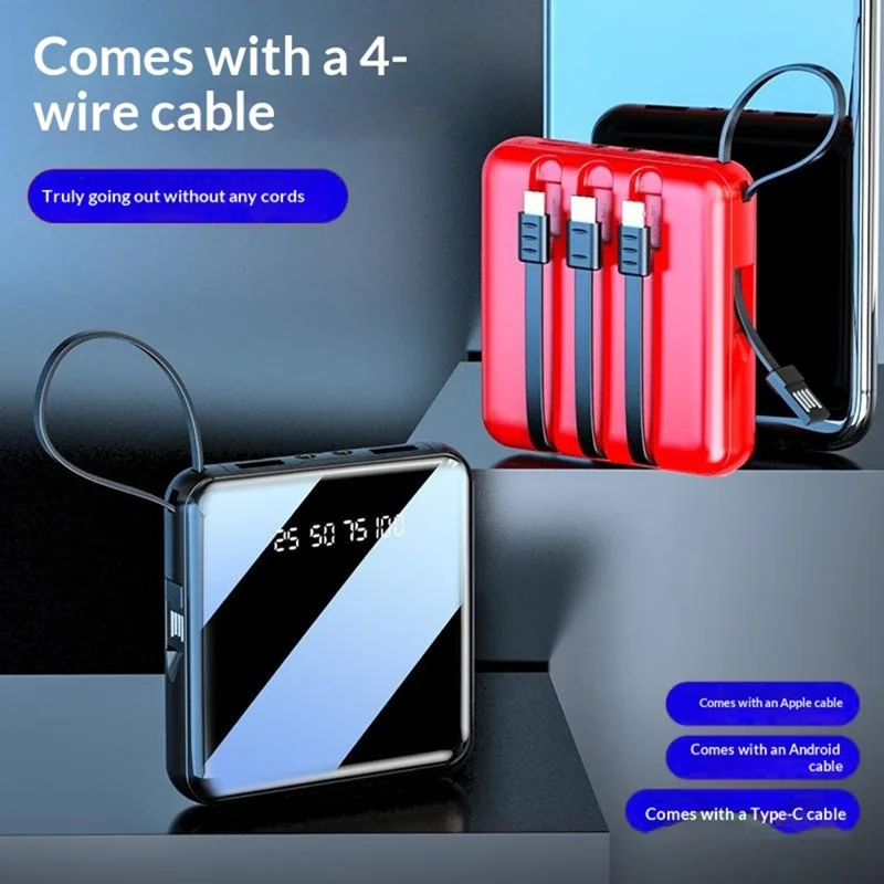 10000mAh Mini Power Bank with 4 in 1 Cables LED Flashlight Digital Display Portable Charger - Black