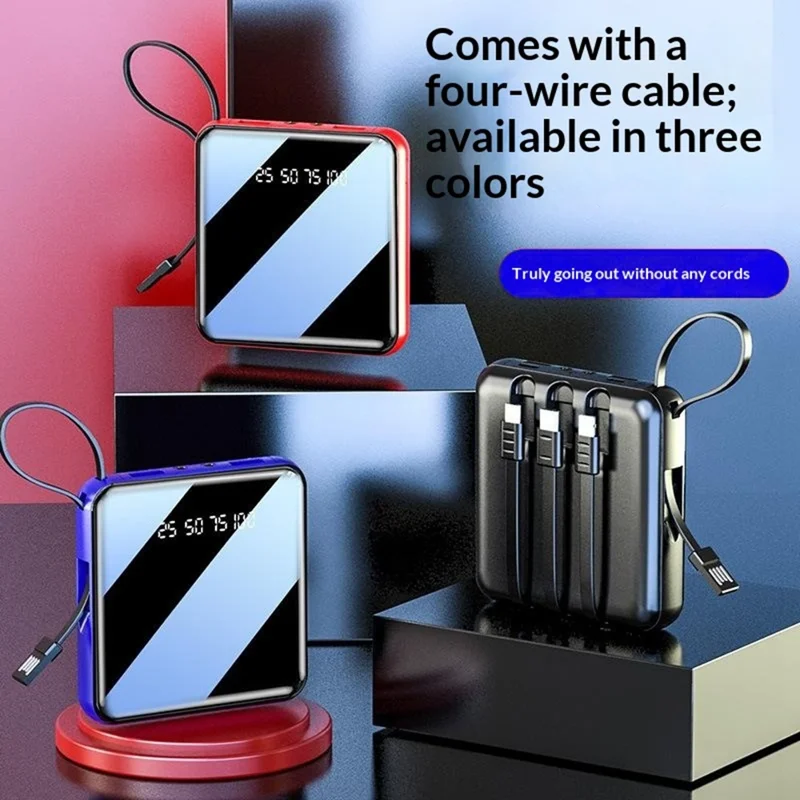 10000mAh Mini Power Bank with 4 in 1 Cables LED Flashlight Digital Display Portable Charger - Black