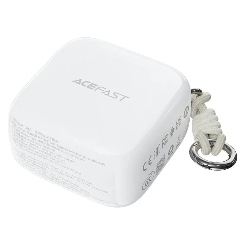 ACEFAST M42 Banque d'alimentation portable à recharge rapide 22,5 W avec câble Type-C escamotable pour voyages en plein air - Blanc