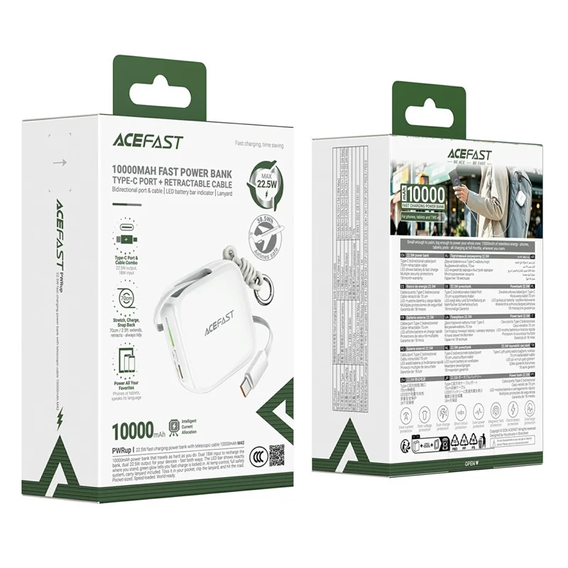 ACEFAST M42 Banque d'alimentation portable à recharge rapide 22,5 W avec câble Type-C escamotable pour voyages en plein air - Blanc