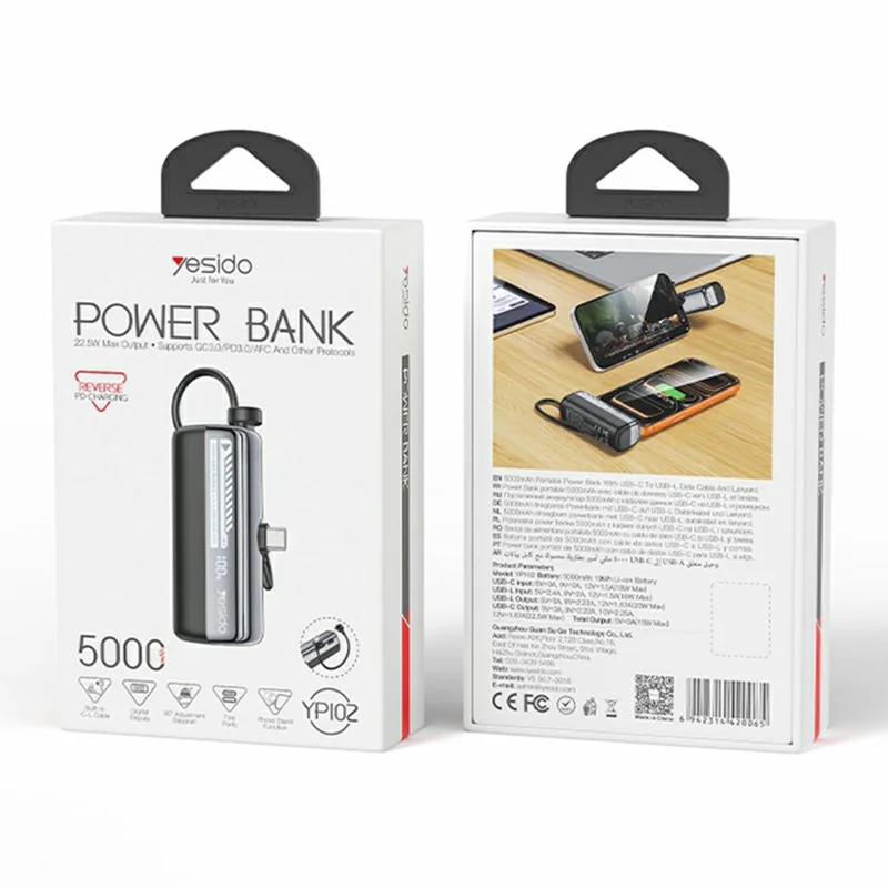 YESIDO YP102 5000mAh 22.5W Fast Charging Mini Capsule Power Bank Built-in Type-C + iP Cable - Black