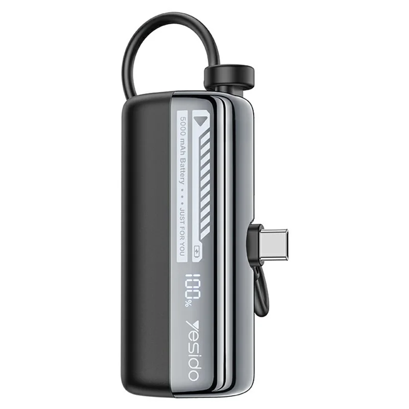 YESIDO YP102 5000mAh 22.5W Fast Charging Mini Capsule Power Bank Built-in Type-C + iP Cable - Black