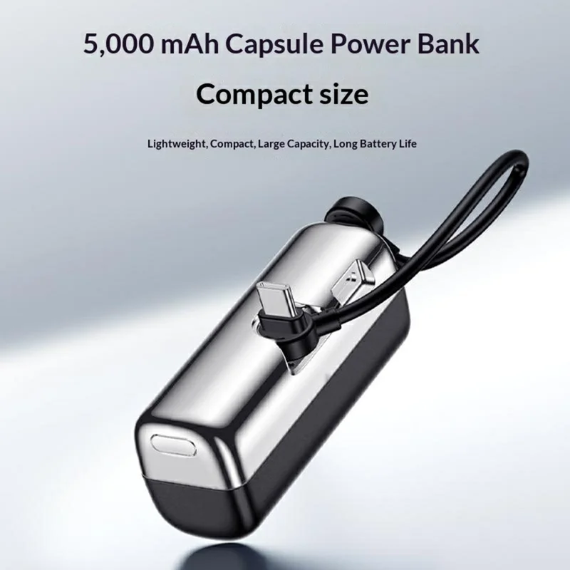 YESIDO YP102 5000mAh 22.5W Fast Charging Mini Capsule Power Bank Built-in Type-C + iP Cable - Black