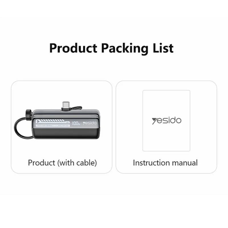 YESIDO YP102 5000mAh 22.5W Fast Charging Mini Capsule Power Bank Built-in Type-C + iP Cable - Orange