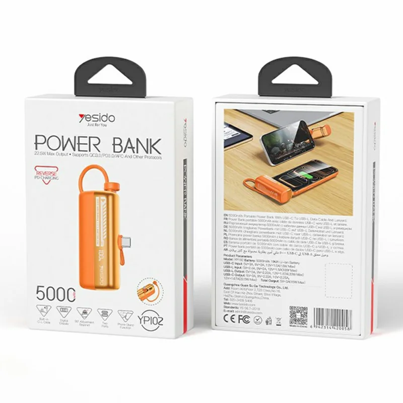 YESIDO YP102 5000mAh 22.5W Fast Charging Mini Capsule Power Bank Built-in Type-C + iP Cable - Orange