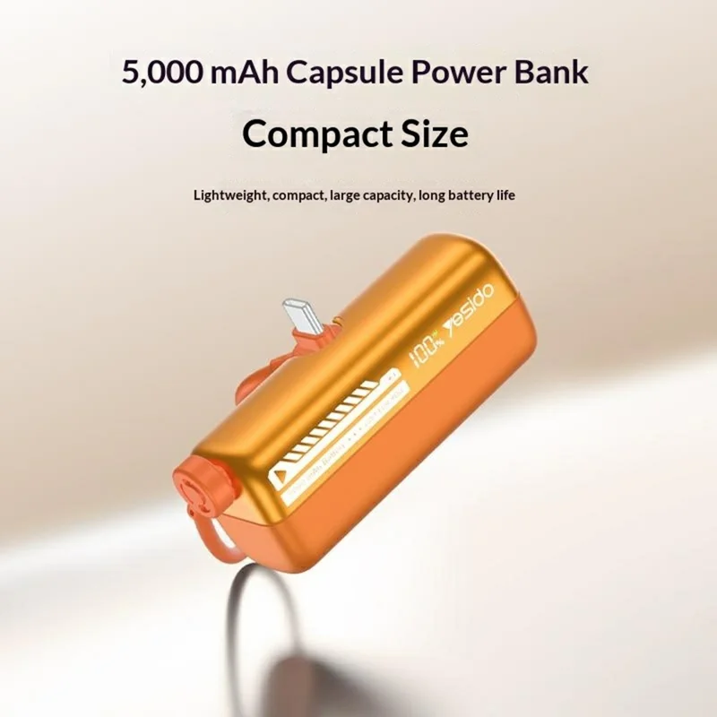 YESIDO YP102 5000mAh 22.5W Fast Charging Mini Capsule Power Bank Built-in Type-C + iP Cable - Orange