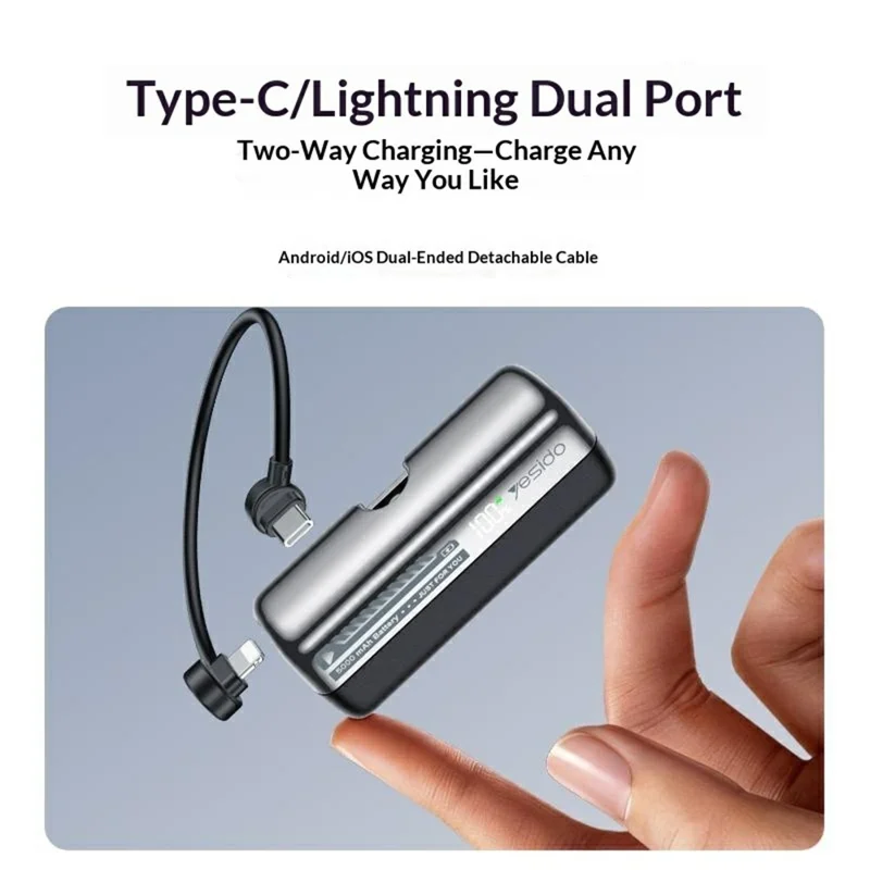 YESIDO YP102 5000mAh 22.5W Fast Charging Mini Capsule Power Bank Built-in Type-C + iP Cable - Orange