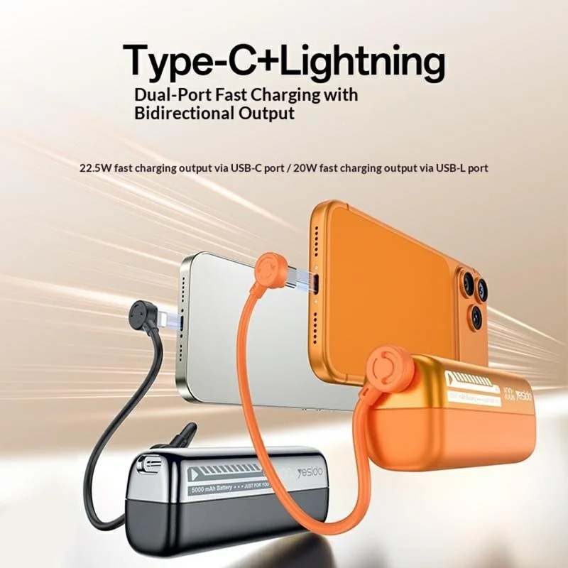 YESIDO YP102 5000mAh 22.5W Fast Charging Mini Capsule Power Bank Built-in Type-C + iP Cable - Orange