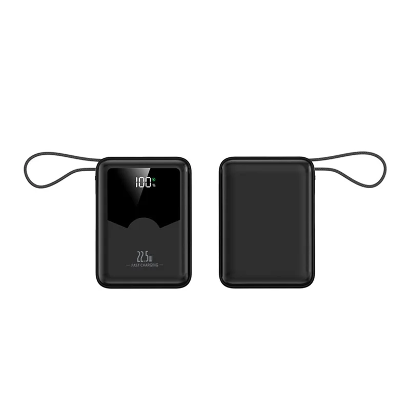 YM-1422 20000mAh 22.5W Digital Display Power Bank with Built-in Type-C and iP Cables - Black