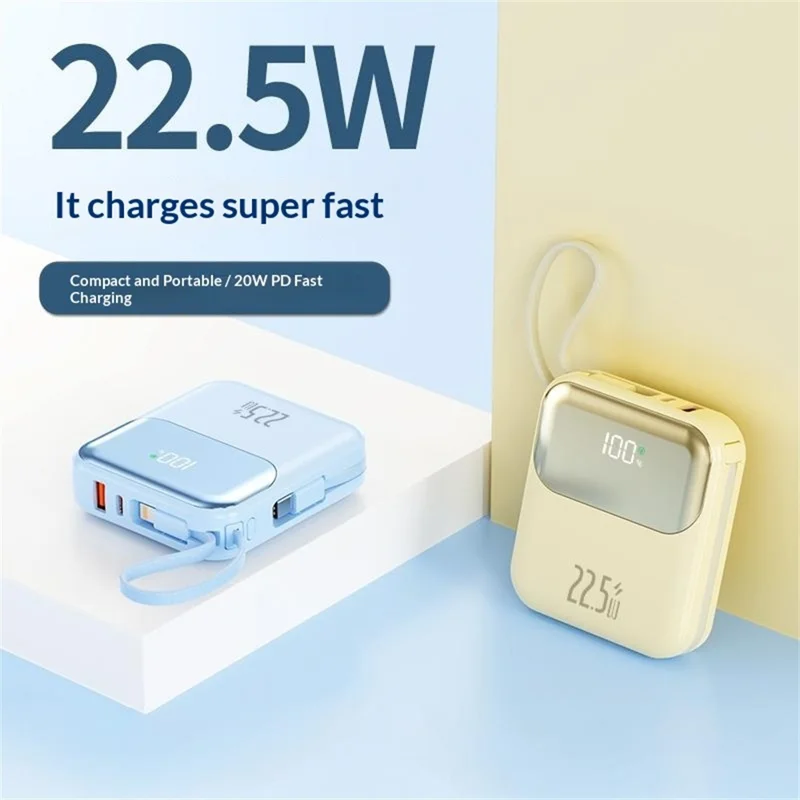 381 Portable 20000mAh 22.5W Fast Charging Power Bank with Built-In Type-C + iP Cables - Beige