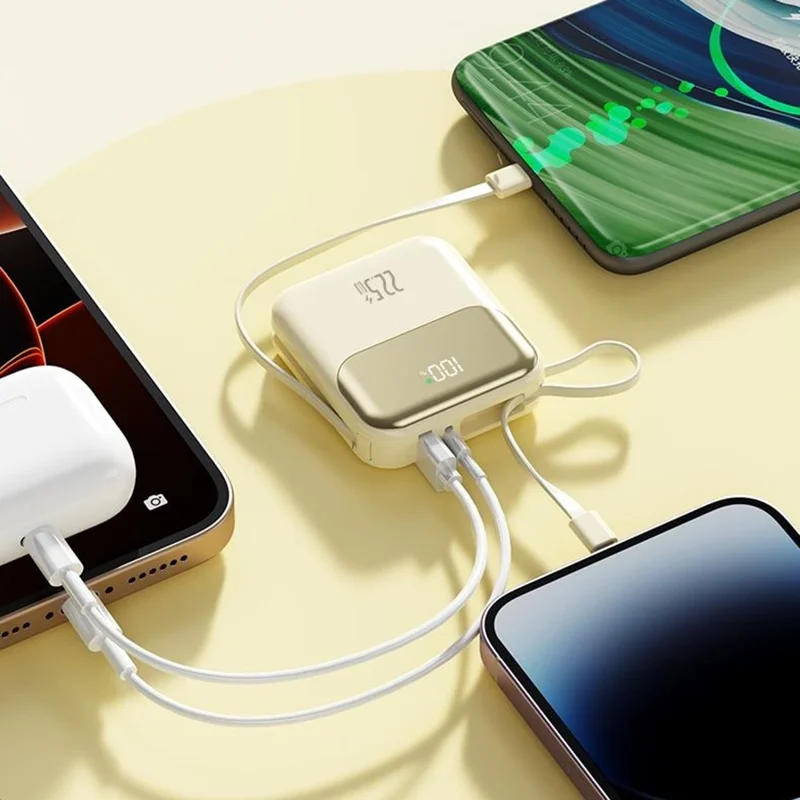381 Portable 20000mAh 22.5W Fast Charging Power Bank with Built-In Type-C + iP Cables - Beige