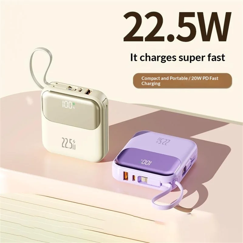 381 Portable 20000mAh 22.5W Fast Charging Power Bank with Built-In Type-C + iP Cables - Beige