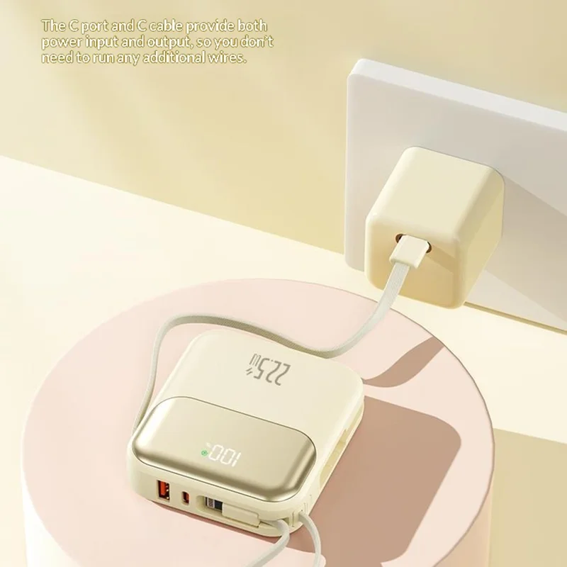 381 Portable 20000mAh 22.5W Fast Charging Power Bank with Built-In Type-C + iP Cables - Beige