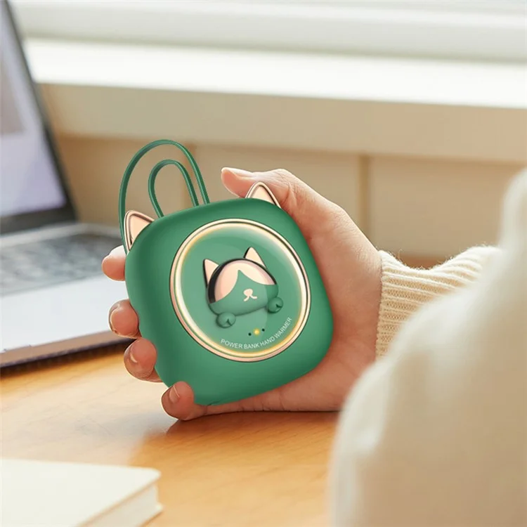 M319 Cute Cartoon Cat Hand Warmer Two Gears Temperature Adjustable 3600mAh Mini Power Bank - Green