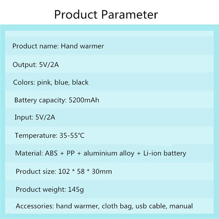 5200mAh Mini Hand Warmer Portable Power Bank External Battery Pack USB Rechargeable Hand Heater - Black