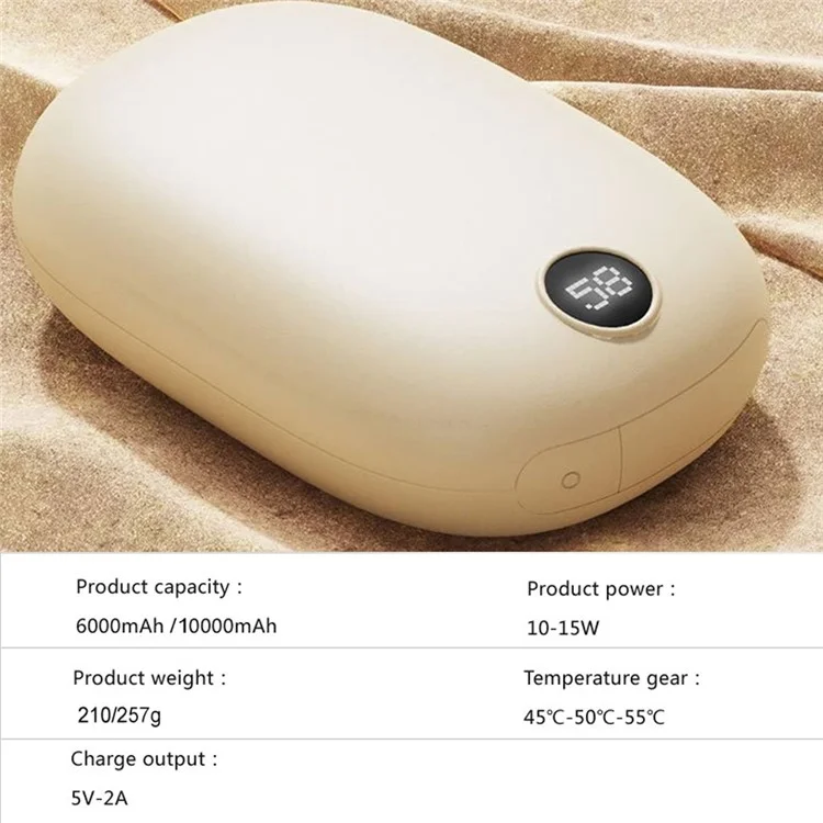 H2 2 in 1 Winter Portable Hand Heater Digital Display 3 Levels Electric Hand Warmer 10000mAh Power Bank - Beige