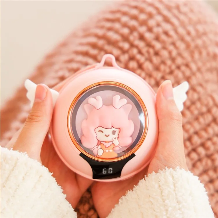 N1 Cartoon Angel Hand Warmer 2 Levels Temperature Adjustable Portable 6020mAh Power Bank with Night Light - Pink